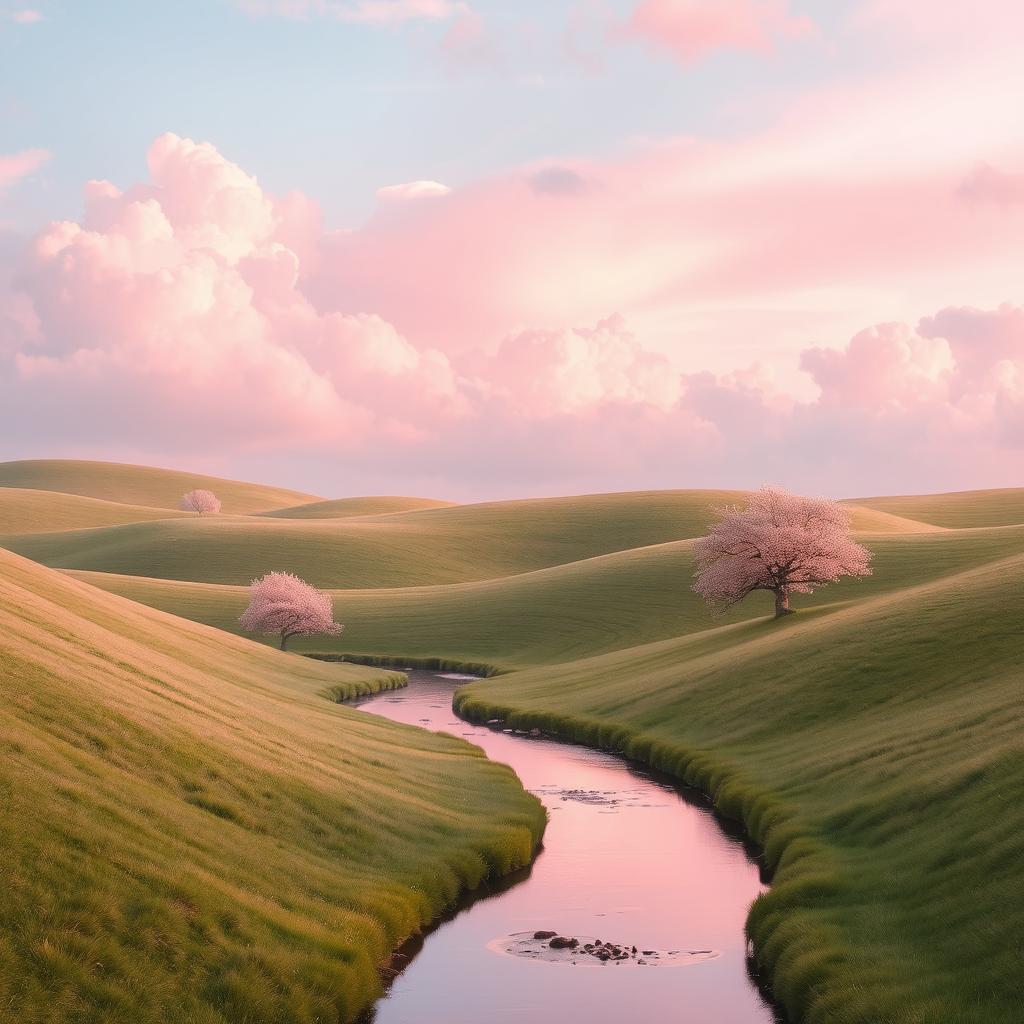 a dreamy landscape featuring rolling hills covered in lush, soft grass under a pastel pink sky filled with fluffy clouds, with a gentle river flowing through the scene reflecting the pink hues of the sky, and a few cherry blossom trees scattered throughout, creating a serene and whimsical atmosphere