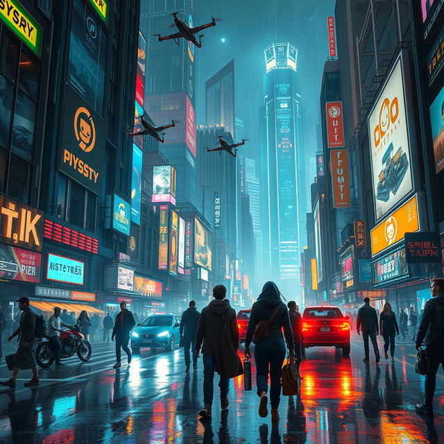 A vibrant cyberpunk cityscape at night, teeming with neon lights and futuristic skyscrapers