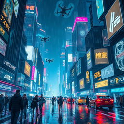 A vibrant cyberpunk cityscape at night, teeming with neon lights and futuristic skyscrapers