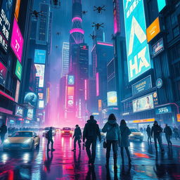 A vibrant cyberpunk cityscape at night, teeming with neon lights and futuristic skyscrapers