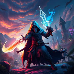 A spooky and imaginative scene featuring a character inspired by a ghostly figure, merging elements from the 'Ghostface' mask with the aesthetics of a fantasy warrior from a mobile game