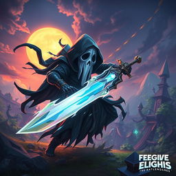 A spooky and imaginative scene featuring a character inspired by a ghostly figure, merging elements from the 'Ghostface' mask with the aesthetics of a fantasy warrior from a mobile game