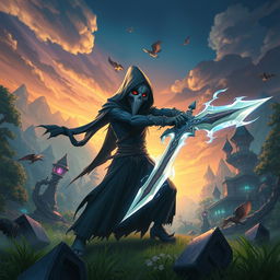 A spooky and imaginative scene featuring a character inspired by a ghostly figure, merging elements from the 'Ghostface' mask with the aesthetics of a fantasy warrior from a mobile game