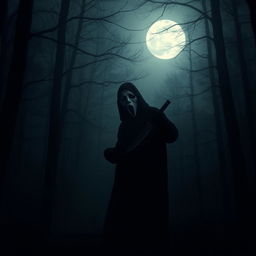 A dark and eerie scene featuring an ominous figure wearing a Ghostface mask, brandishing a menacing knife