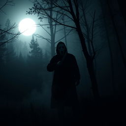 A dark and eerie scene featuring an ominous figure wearing a Ghostface mask, brandishing a menacing knife