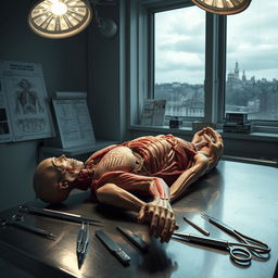 A detailed and realistic depiction of a cadaver in an anatomical lab setting