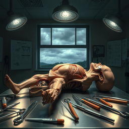 A detailed and realistic depiction of a cadaver in an anatomical lab setting