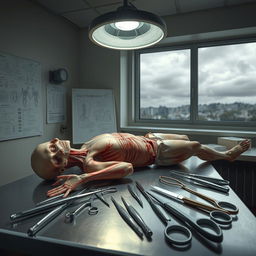 A detailed and realistic depiction of a cadaver in an anatomical lab setting