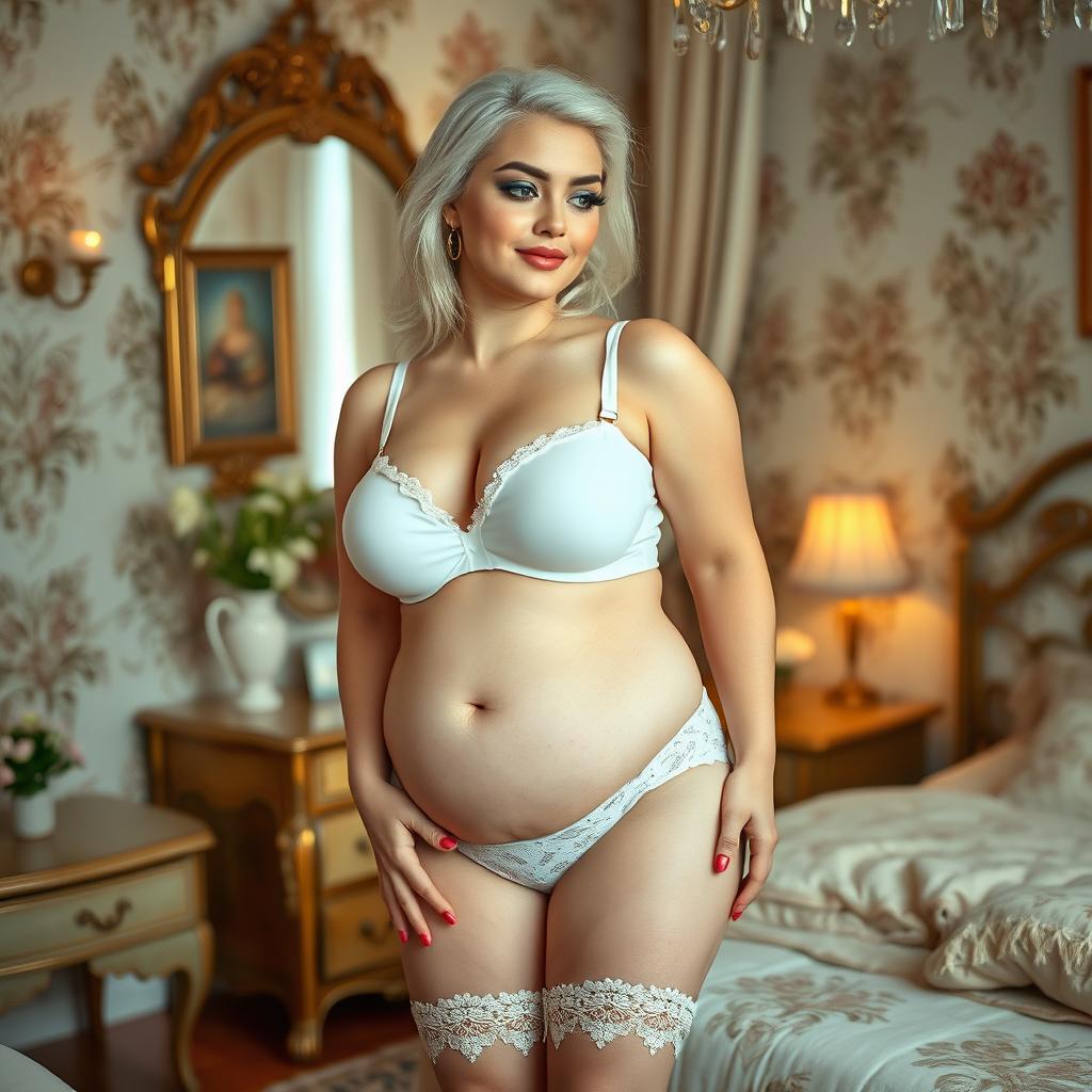 A slim but curvy 19 year old girl with white hair and fair skin stands in her beautifully adorned bedroom, gazing into a mirror with a soft half smile