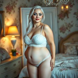 A slim but curvy 19 year old girl with white hair and fair skin stands in her beautifully adorned bedroom, gazing into a mirror with a soft half smile