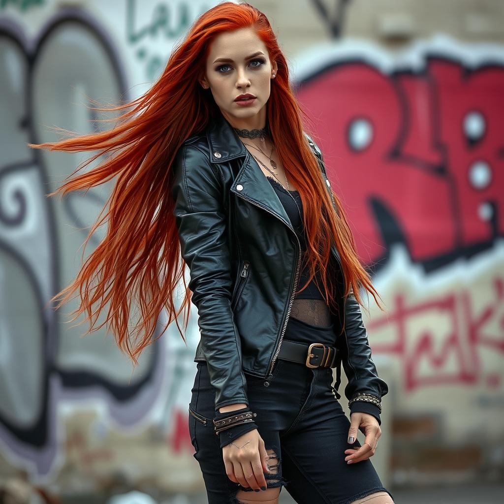 A stunning red-haired woman with long flowing hair, dressed in dark rock-style clothing