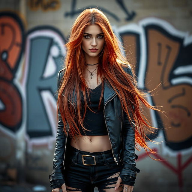 A stunning red-haired woman with long flowing hair, dressed in dark rock-style clothing