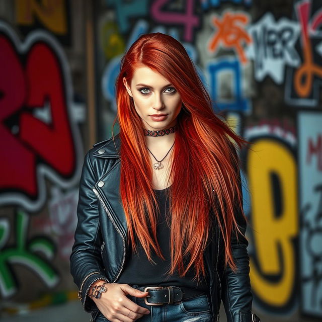 A beautiful red-haired woman with long flowing hair, dressed in dark rock-style clothing, looking directly at the viewer