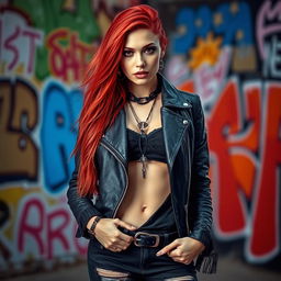 A beautiful red-haired woman with long flowing hair, dressed in dark rock-style clothing, looking directly at the viewer