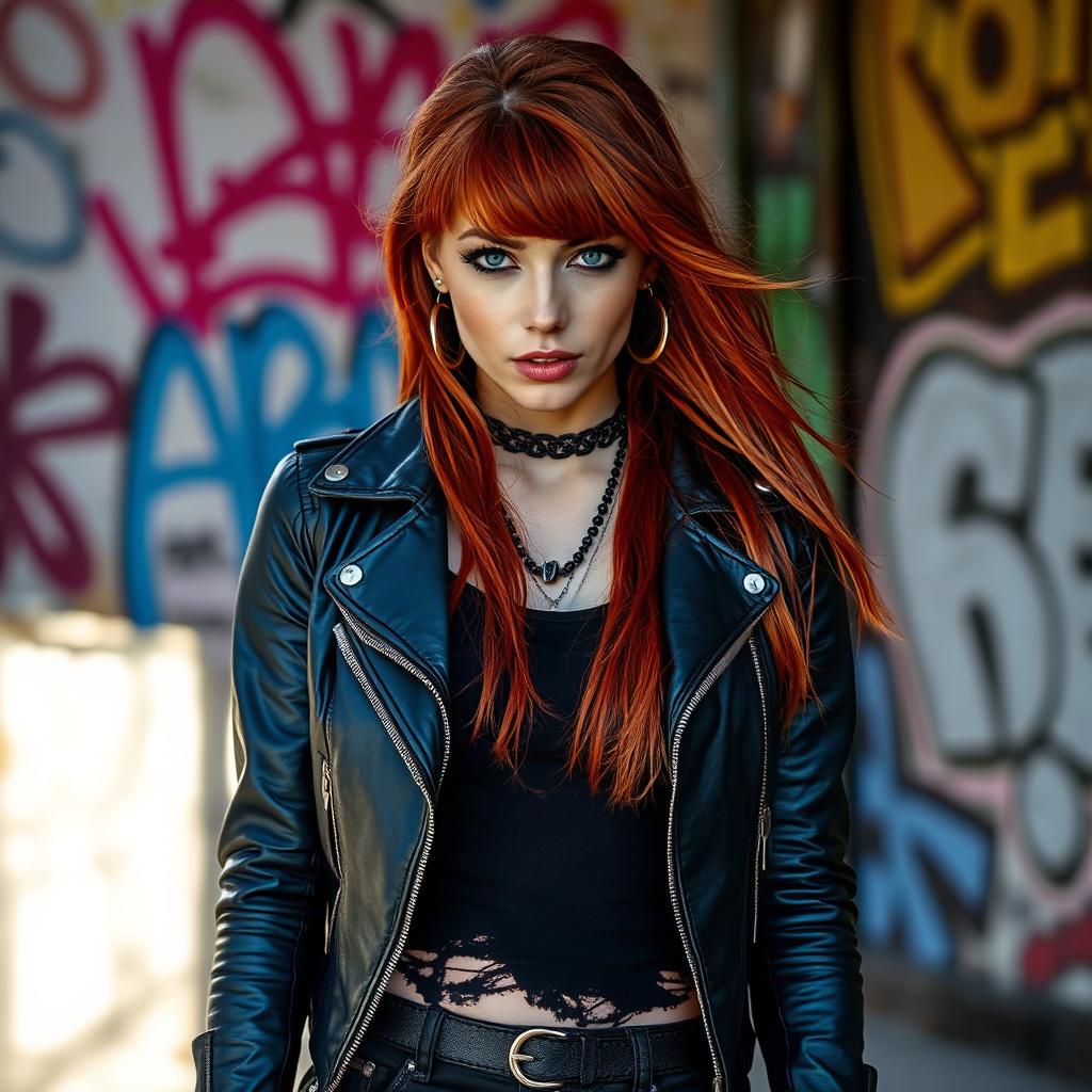 A beautiful red-haired woman with long flowing hair, dressed in dark rock-style clothing, looking directly at the viewer