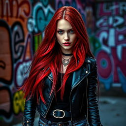 A beautiful red-haired woman with long flowing hair, dressed in dark rock-style clothing, looking directly at the viewer