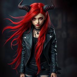 A young red-haired demoness with long flowing hair, dressed in dark rock-style clothing, looking directly at the viewer