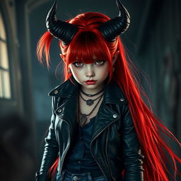 A young red-haired demoness with long flowing hair, dressed in dark rock-style clothing, looking directly at the viewer