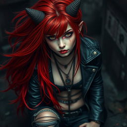 A young red-haired demoness with long flowing hair, dressed in dark rock-style clothing, looking directly at the viewer