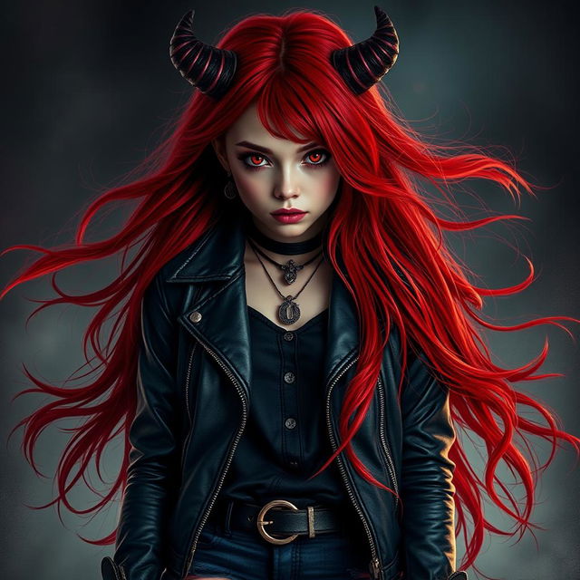 A young red-haired demoness with long flowing hair, dressed in dark rock-style clothing, looking directly at the viewer