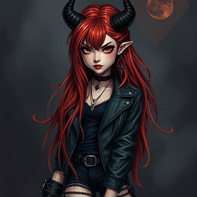 A young red-haired demoness with long flowing hair, dressed in dark rock-style clothing, looking directly at the viewer