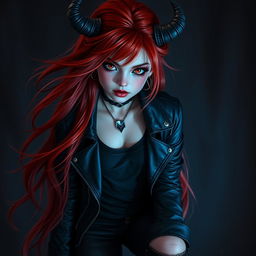 A young red-haired demoness with long flowing hair, dressed in dark rock-style clothing, looking directly at the viewer