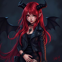 A young red-haired demoness with long flowing hair, dressed in dark rock-style clothing, looking directly at the viewer