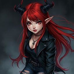 A young red-haired demoness with long flowing hair, dressed in dark rock-style clothing, looking directly at the viewer