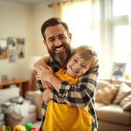 A heartwarming scene of a young boy hugging his bearded father tightly, both smiling joyfully