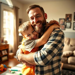 A heartwarming scene of a young boy hugging his bearded father tightly, both smiling joyfully