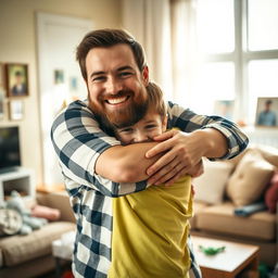 A heartwarming scene of a young boy hugging his bearded father tightly, both smiling joyfully