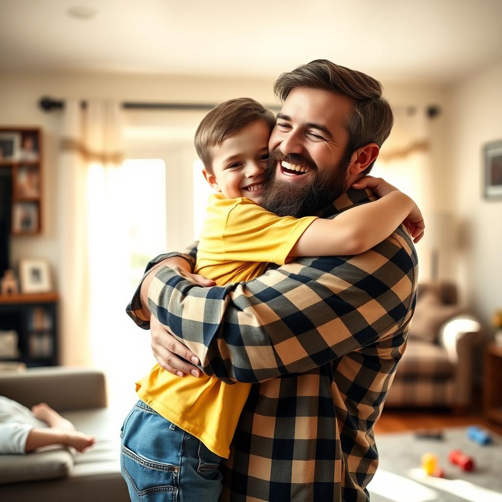 A heartwarming scene of a young boy hugging his bearded father tightly, both smiling joyfully