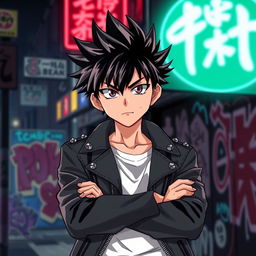 An anime boy with a tough demeanor, featuring spiky hair and piercing eyes, dressed in a stylish leather jacket with metal studs, standing confidently with his arms crossed in a dark urban setting