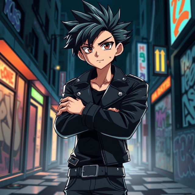 An anime boy with a tough demeanor, featuring spiky hair and piercing eyes, dressed in a stylish leather jacket with metal studs, standing confidently with his arms crossed in a dark urban setting