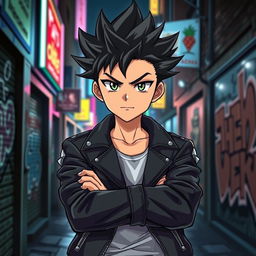 An anime boy with a tough demeanor, featuring spiky hair and piercing eyes, dressed in a stylish leather jacket with metal studs, standing confidently with his arms crossed in a dark urban setting