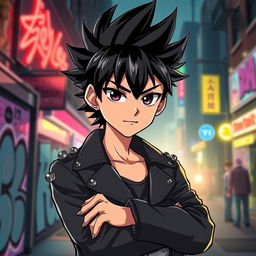 An anime boy with a tough demeanor, featuring spiky hair and piercing eyes, dressed in a stylish leather jacket with metal studs, standing confidently with his arms crossed in a dark urban setting