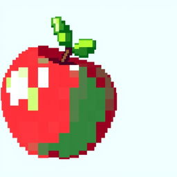 A vibrant pixel art style apple, featuring bright red and green colors with a glossy finish
