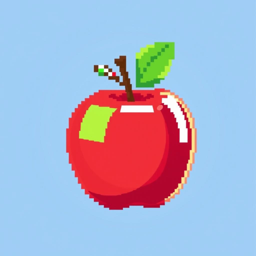 A vibrant pixel art style apple, featuring bright red and green colors with a glossy finish