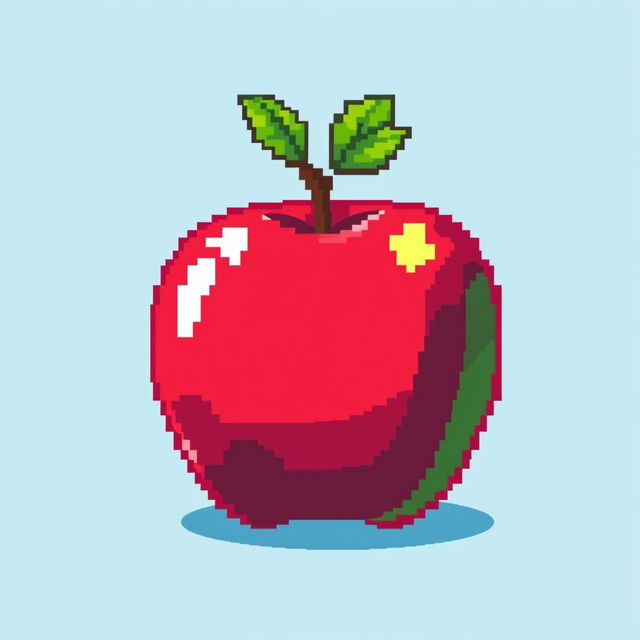 A vibrant pixel art style apple, featuring bright red and green colors with a glossy finish