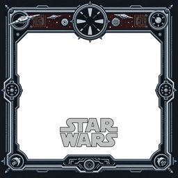 A blank collector card with a Star Wars-inspired border featuring intricate details and motifs such as spaceships, stars, and galactic elements