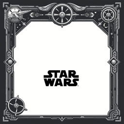 A blank collector card with a Star Wars-inspired border featuring intricate details and motifs such as spaceships, stars, and galactic elements