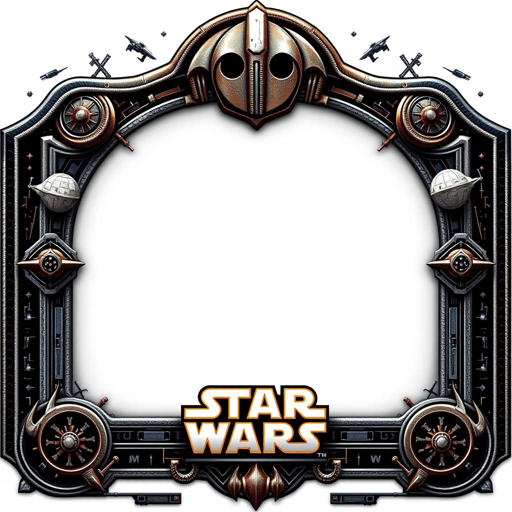 A blank collector card with a Star Wars-inspired border featuring intricate details and motifs such as spaceships, stars, and galactic elements