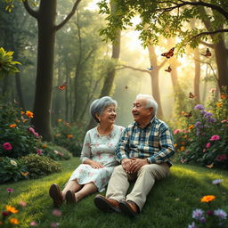 A serene and enchanting forest setting filled with lush greenery, vibrant flowers, and gentle sunlight filtering through the trees