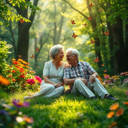 A serene and enchanting forest setting filled with lush greenery, vibrant flowers, and gentle sunlight filtering through the trees
