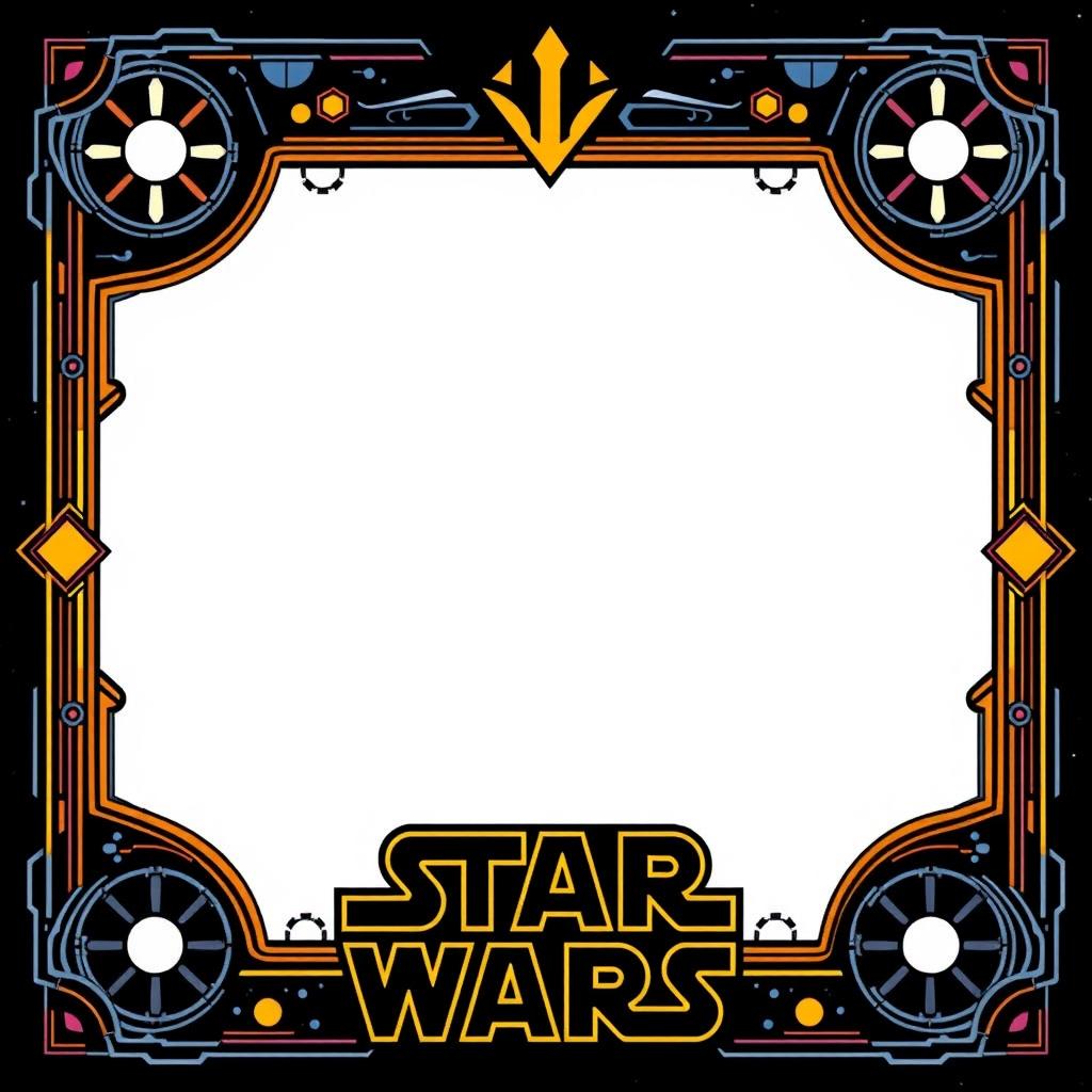 A blank collector card designed with a Star Wars-inspired border featuring intricate details reminiscent of the Star Wars aesthetic, including futuristic patterns, starry motifs, and sci-fi elements