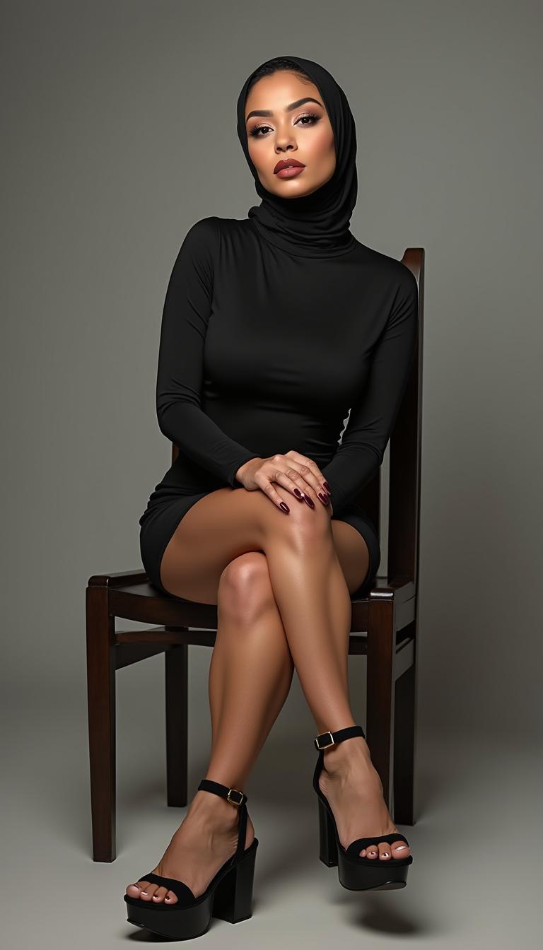 A confident Latina woman in her 40s, wearing a stylish hijab, showcasing her fashion-forward style with a short cropped t-shirt that highlights her curves