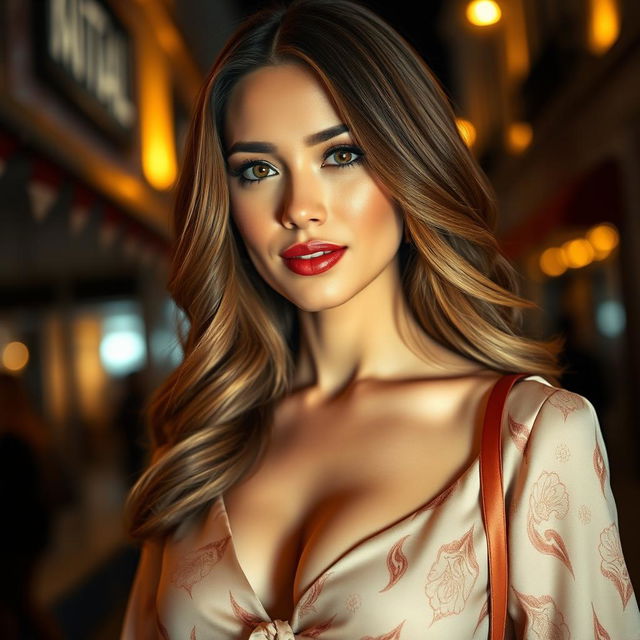 A close-up shot of a stylish woman wearing a chic blouse that reveals a hint of her cleavage, exuding confidence and allure