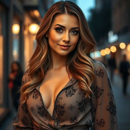 A close-up shot of a stylish woman wearing a chic blouse that reveals a hint of her cleavage, exuding confidence and allure
