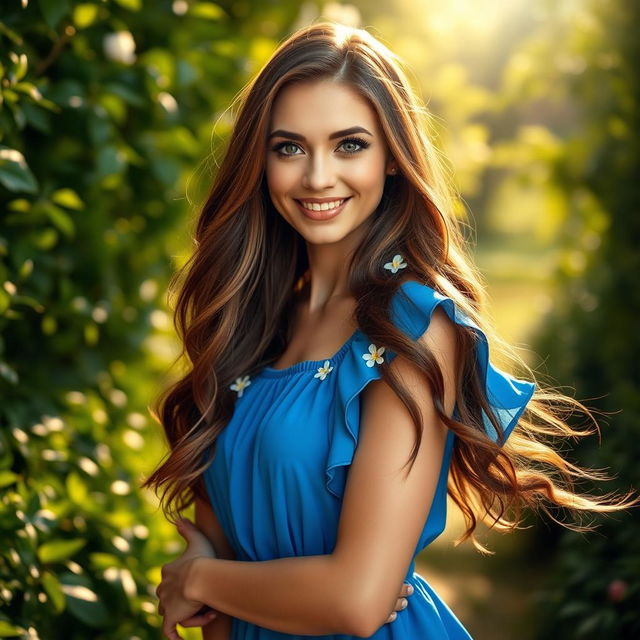 A stunning portrait of a confident, beautiful woman standing in a lush green garden