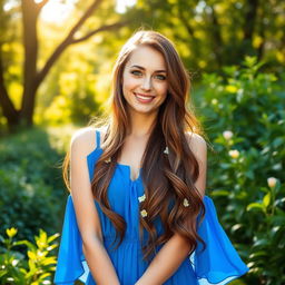 A stunning portrait of a confident, beautiful woman standing in a lush green garden